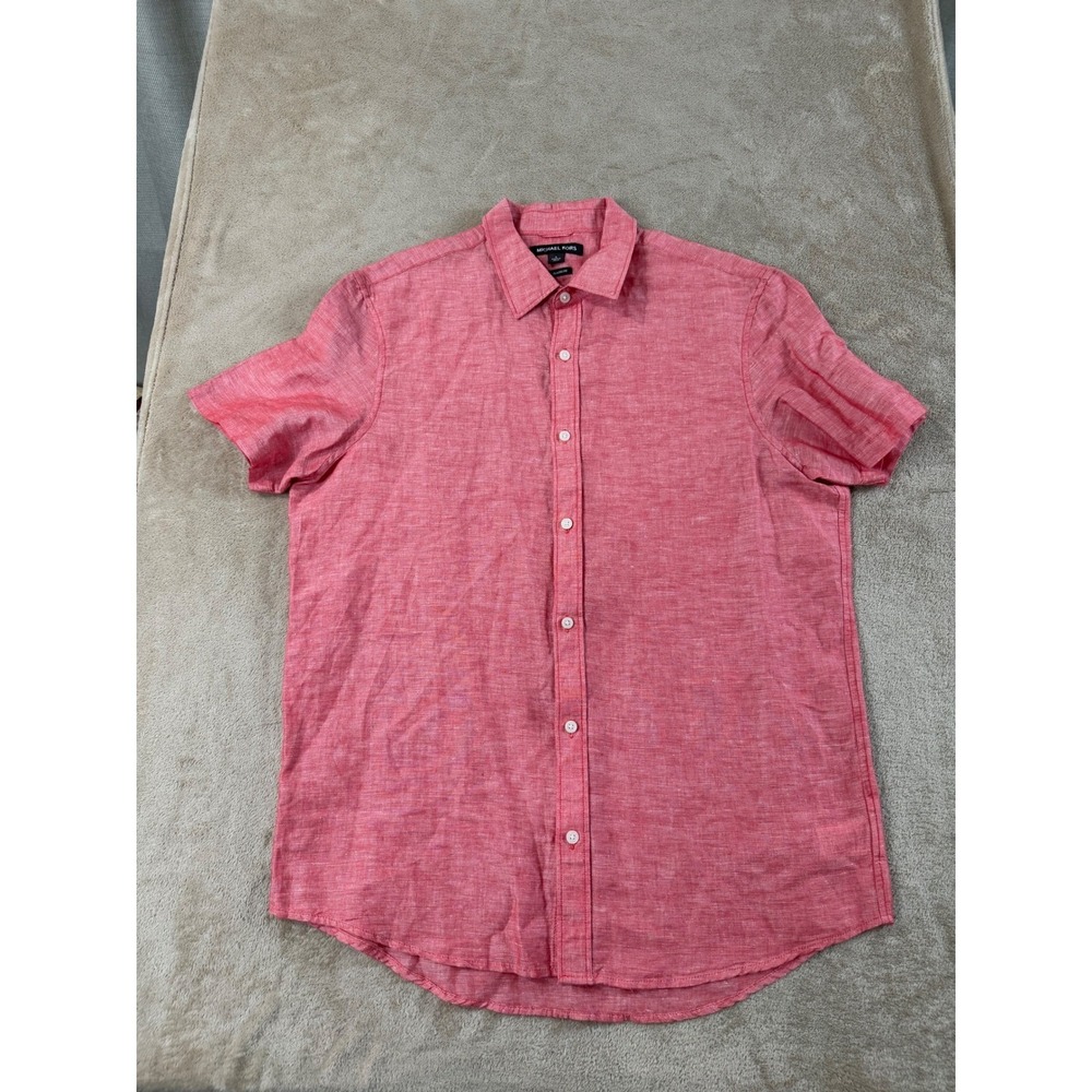 Michael Kors Linen Cotton Blend Shirt Men L Red Classic Fit Short sleeve EUC
